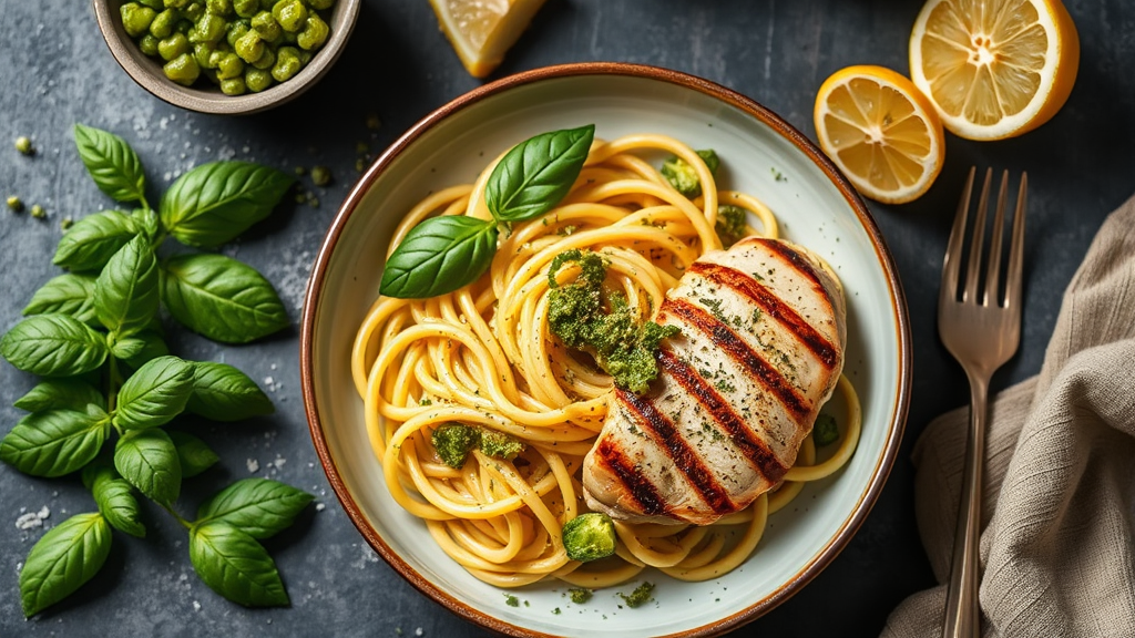 Lemon Basil Pesto Pasta with Grilled Chicken