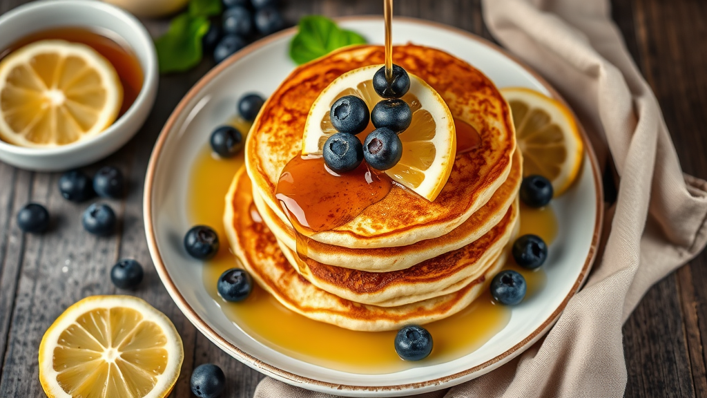 Lemon Blueberry Pancakes with Honey Maple Syrup