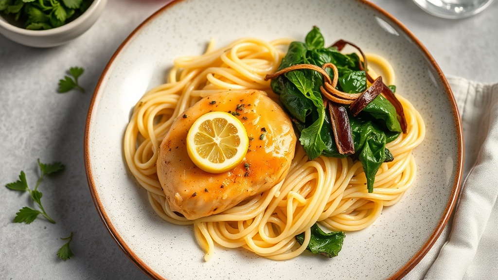 Lemon Butter Chicken with Angel Hair and Greens
