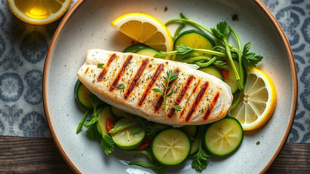 Lemon Herb Grilled Fish with Cucumber-Zucchini Salad