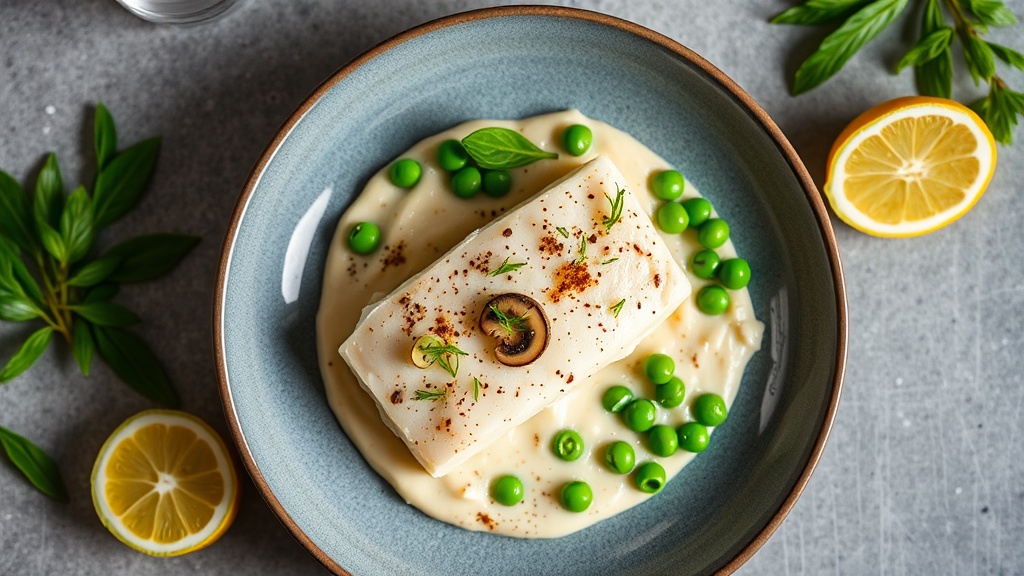 Lemon Sole with Creamy Mushroom Cauliflower Purée and Peas