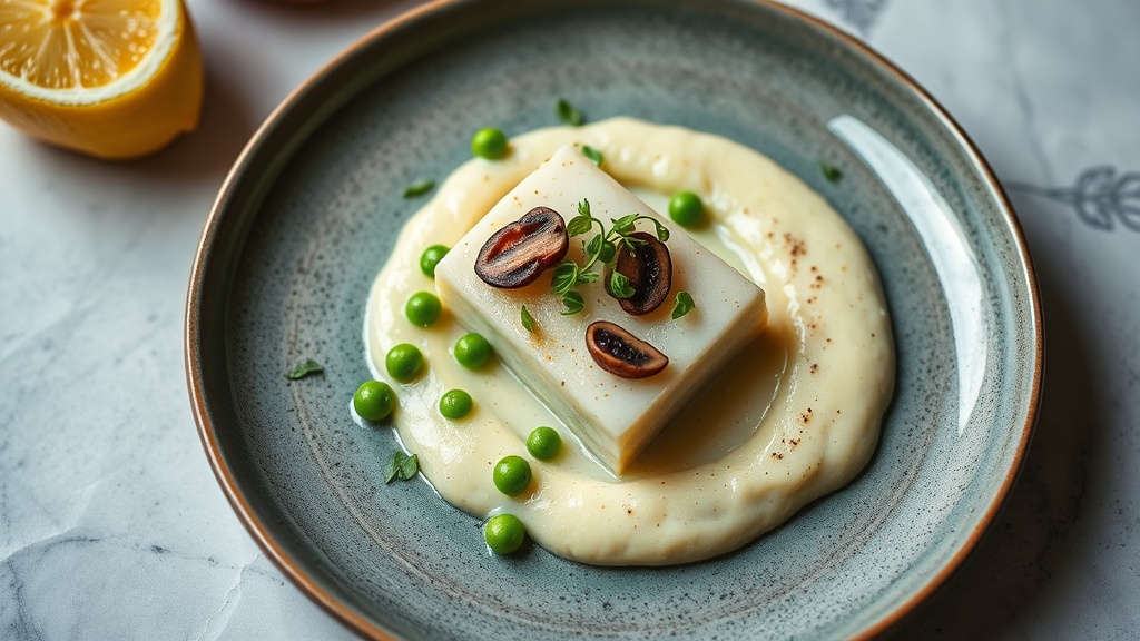 Lemon Sole with Mushroom Pea Cauliflower Purée