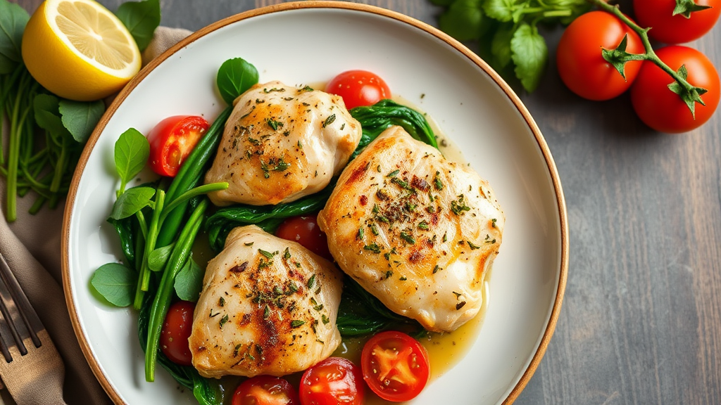 Lemon Thyme Chicken Thighs with Spinach and Tomatoes