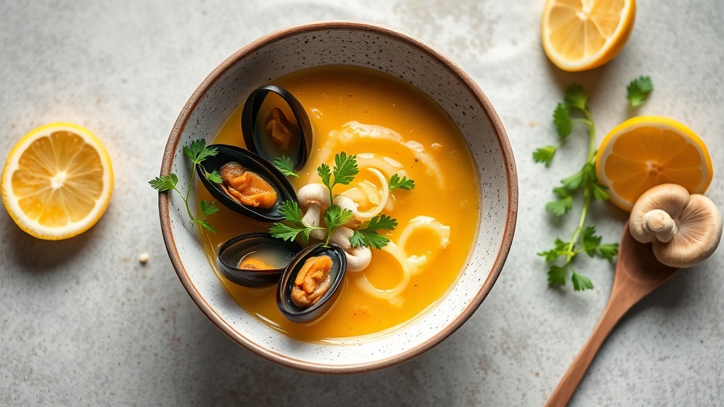 Lemongrass and Ginger Mussel Soup with Enoki Mushrooms