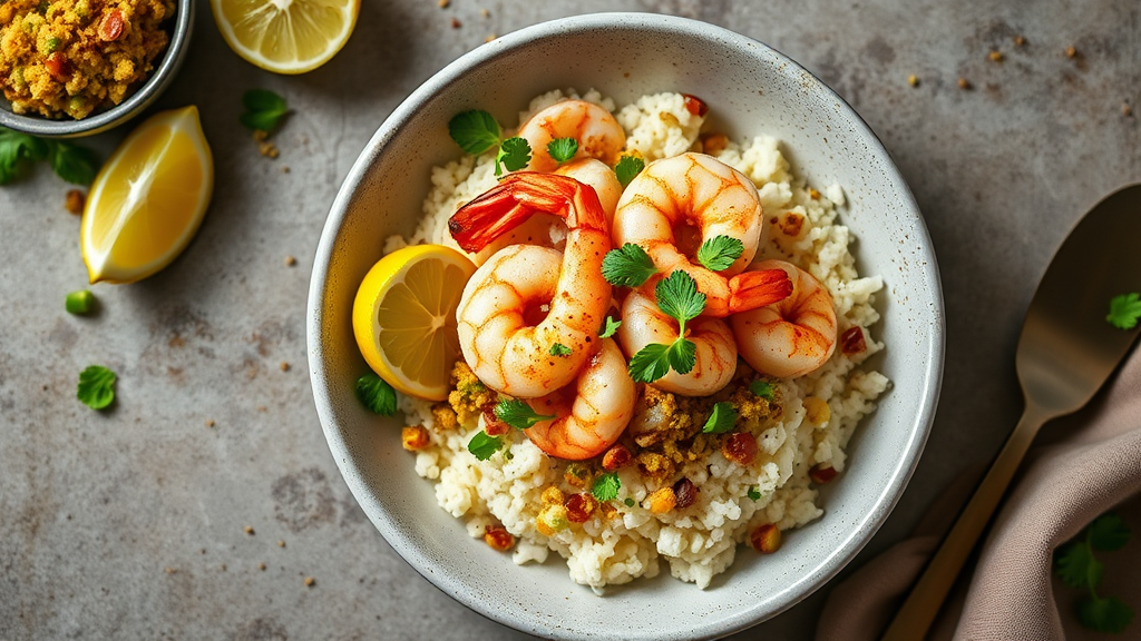 Lemon-Lime Shrimp and Cauliflower Rice Bowl with Cheddar-Bacon Crumble