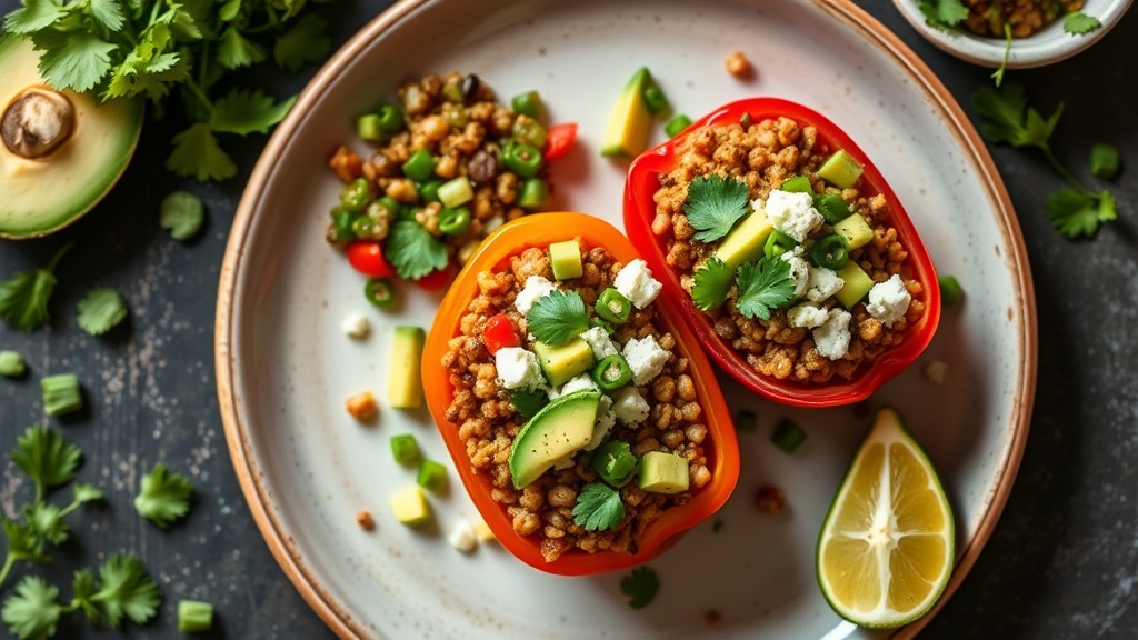 Lentil and Rice Stuffed Peppers with Avocado Feta Salsa