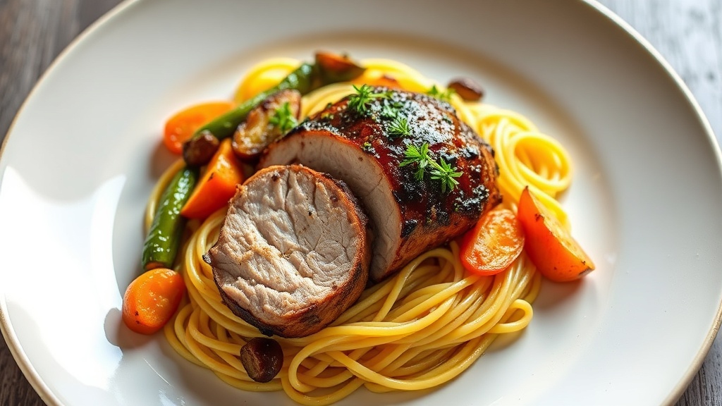 Malt-Glazed Pork Loin with Roasted Veggies and Lemon Pasta