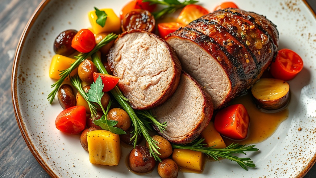 Malt-Infused Pork Loin with Roasted Vegetable Medley