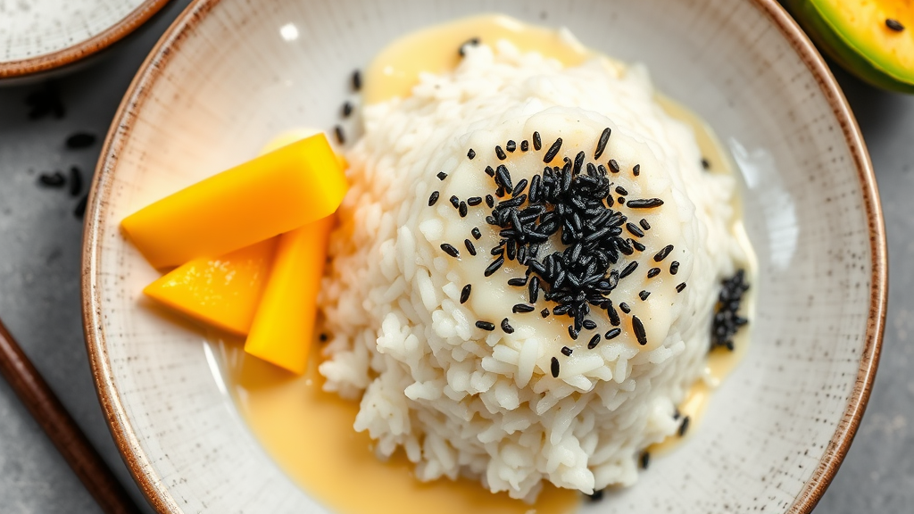 Mango Sticky Rice with Coconut Sauce and Black Sesame