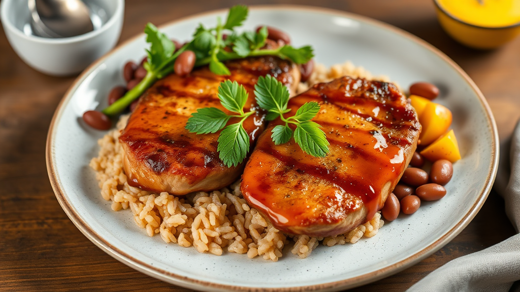 Mango-Glazed Pork Chops with Brown Rice and Pinto Beans