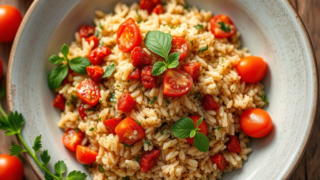 Mediterranean Brown Rice with Crushed Tomatoes and Herbs