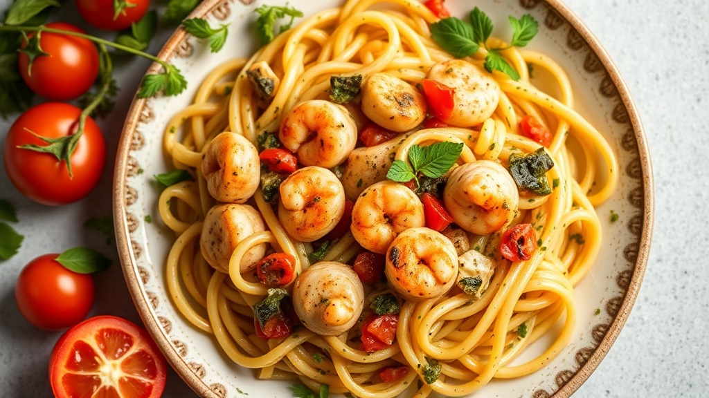 Mediterranean Chicken and Prawn Pesto Pasta