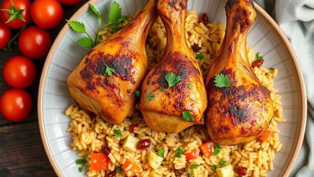 Mediterranean Chicken Drumsticks with Creamy Vegetable Rice