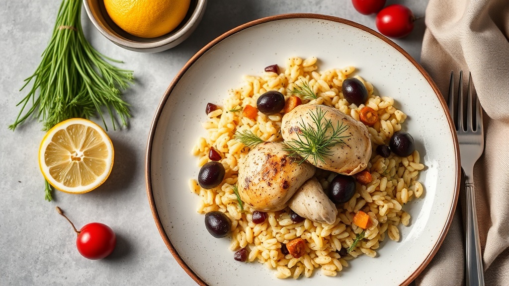 Mediterranean Chicken Orzo with Olives and Dill