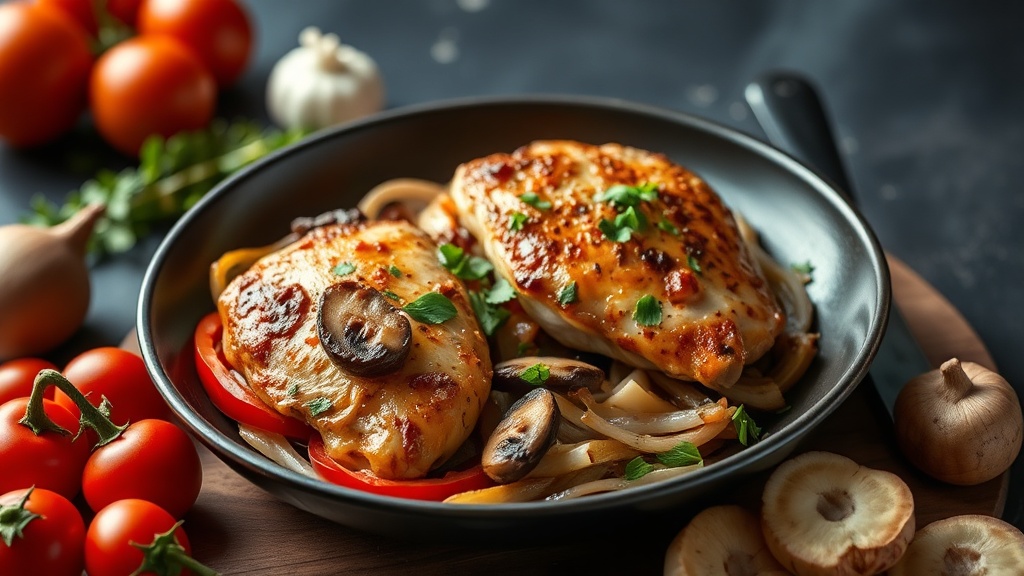 Mediterranean Chicken Thighs with Peppers, Mushrooms, and Onions