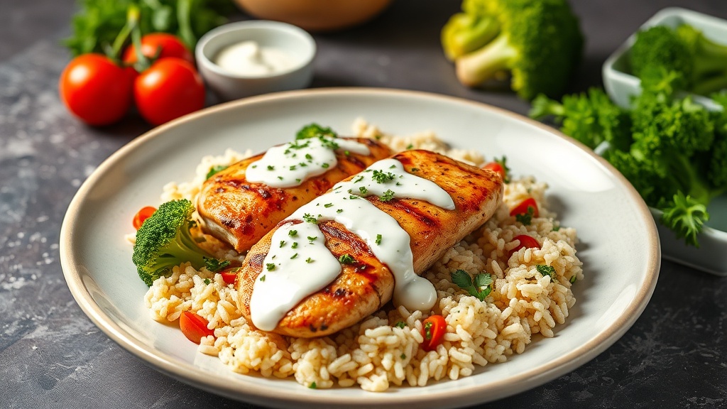 Mediterranean Chicken with Yogurt Sauce and Broccoli Rice