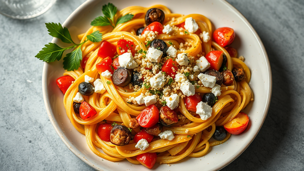 Mediterranean Fusilli with Roasted Vegetables and Feta
