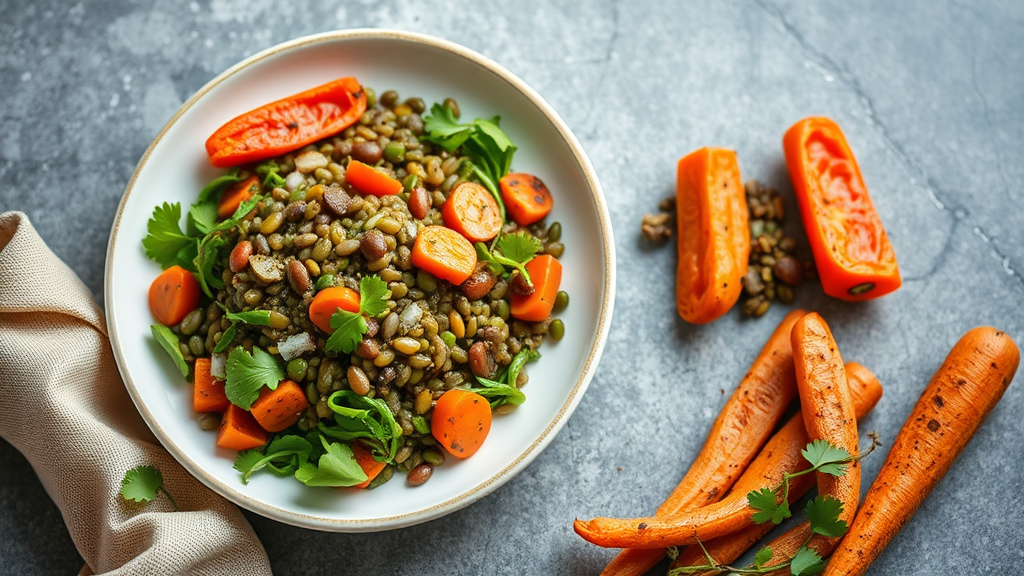 Mediterranean Green Lentil Salad with Roasted Carrots and Peppers