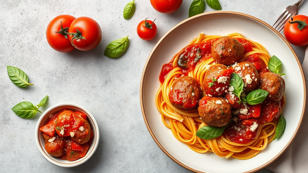 Mediterranean Meatball Pasta with Toum and Tomato Sauce