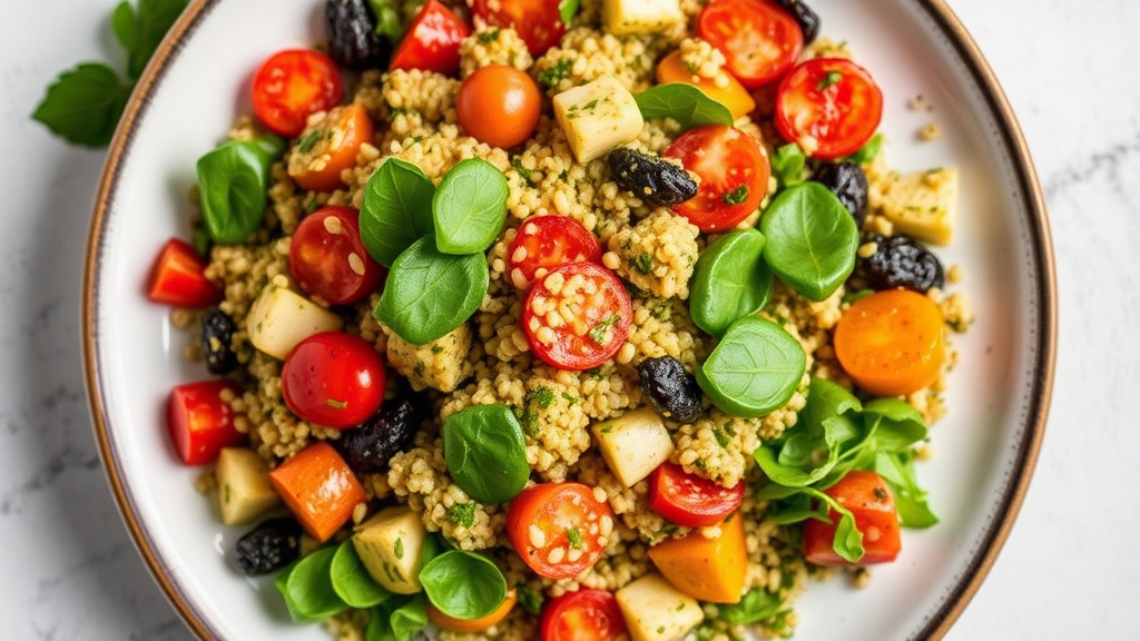 Mediterranean Quinoa and Roasted Vegetable Salad with Pesto Vinaigrette