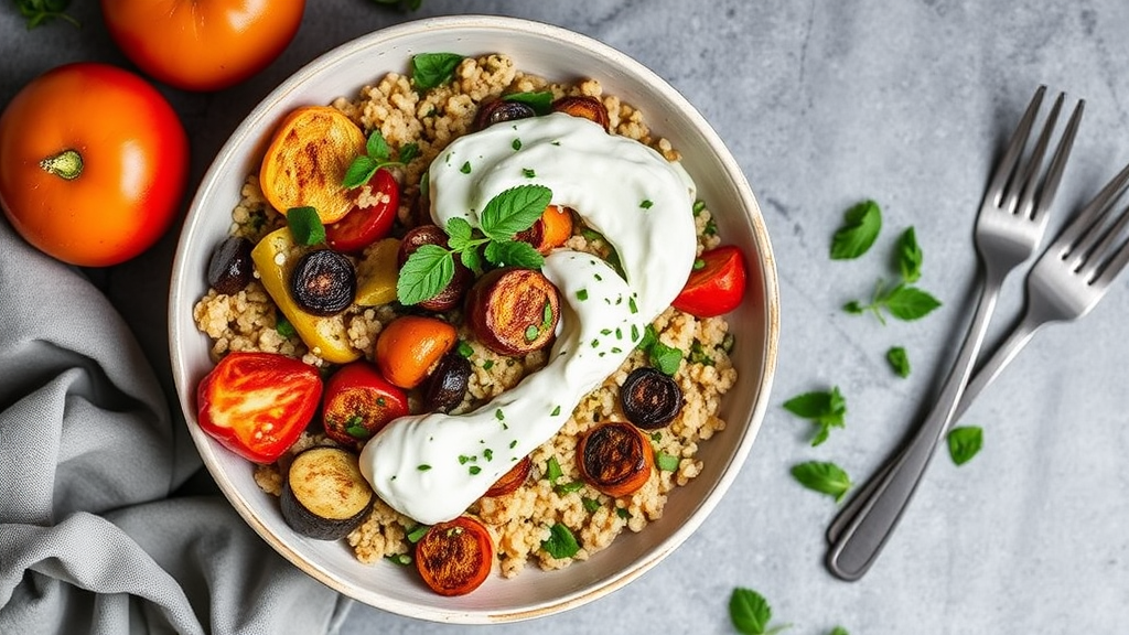 Mediterranean Quinoa Bowl with Tzatziki and Roasted Vegetables