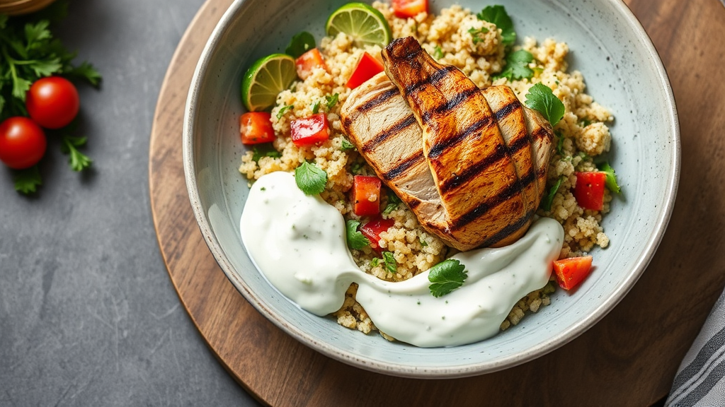 Mediterranean Quinoa Salad with Grilled Chicken and Tzatziki