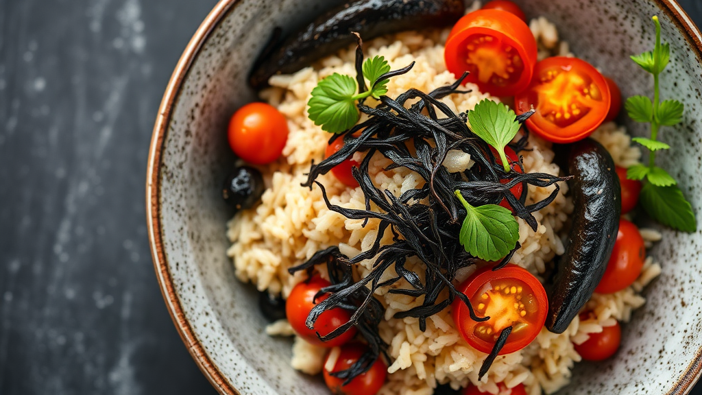 Mediterranean Rice Bowl with Seaweed, Tomatoes, and Aubergine