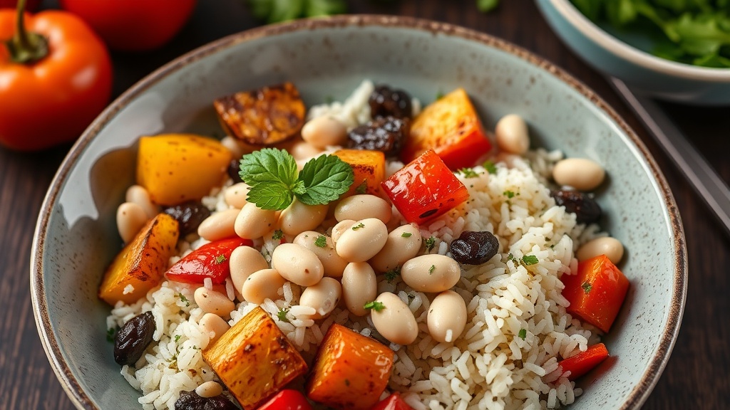 Mediterranean Rice Bowl with White Beans and Roasted Vegetables