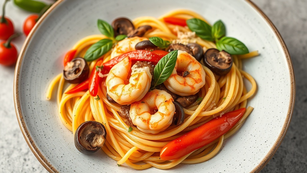 Mediterranean Shrimp Pasta with Mushrooms and Peppers