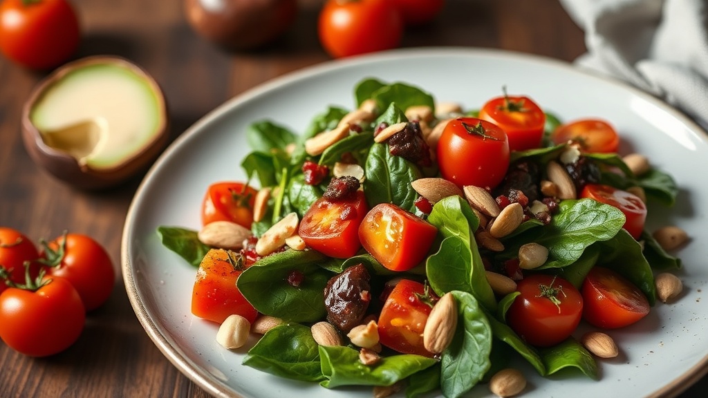 Mediterranean Spinach and Tomato Salad with Almonds and Raspberry Vinaigrette