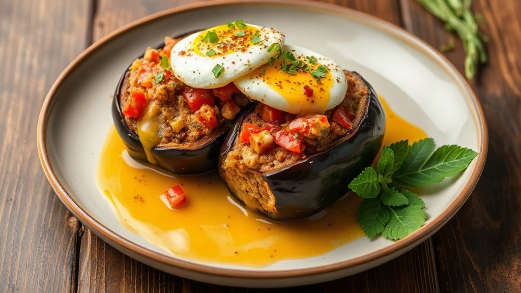 Mediterranean Stuffed Eggplant with Mustard Egg Topping