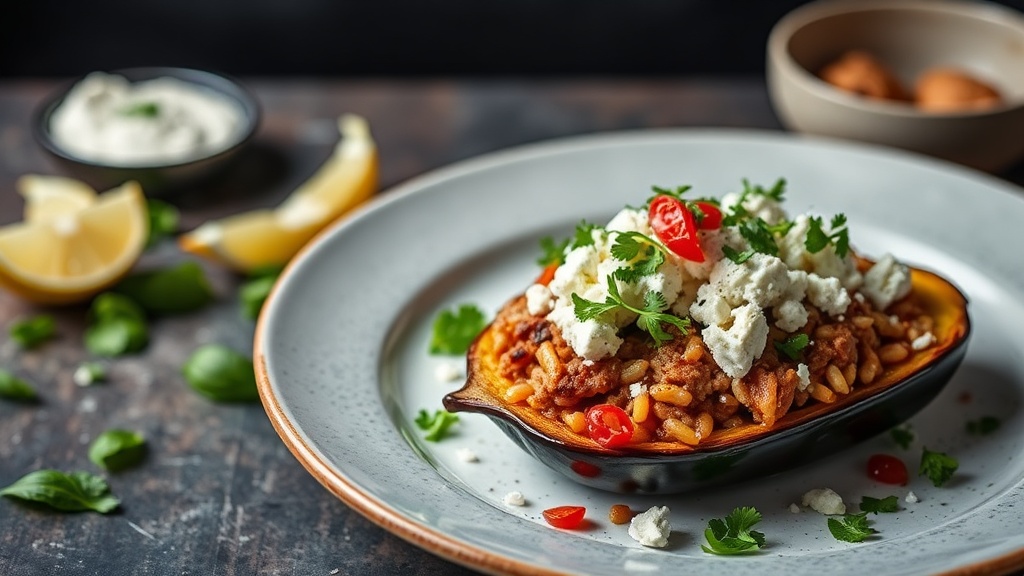 Mediterranean Stuffed Eggplant with Tahini and Feta