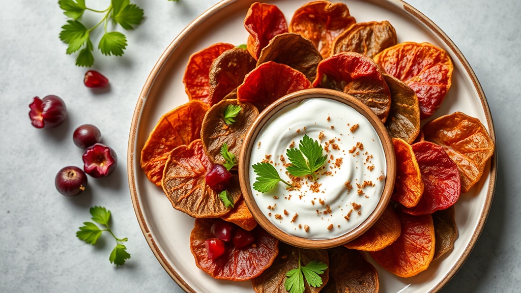 Mulberry Leaf Chips with Spiced Yogurt Dip