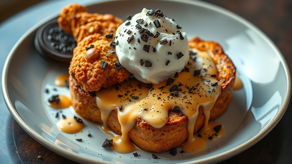 Oreo Cheesecake Fried Chicken with Vanilla Ice Cream French Toast