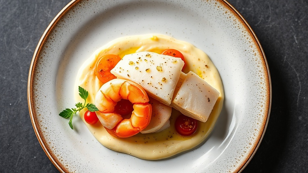 Pan-Seared Plaice with Garlic King Prawns and Cauliflower Purée