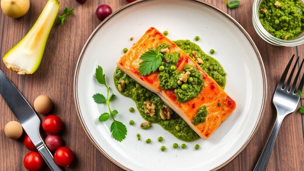 Pan-Seared Salmon with Walnut-Pea Pesto
