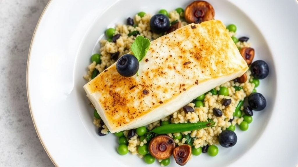 Pan-Seared Sea Bass with Blueberry Couscous and Sautéed Snap Peas and Mushrooms