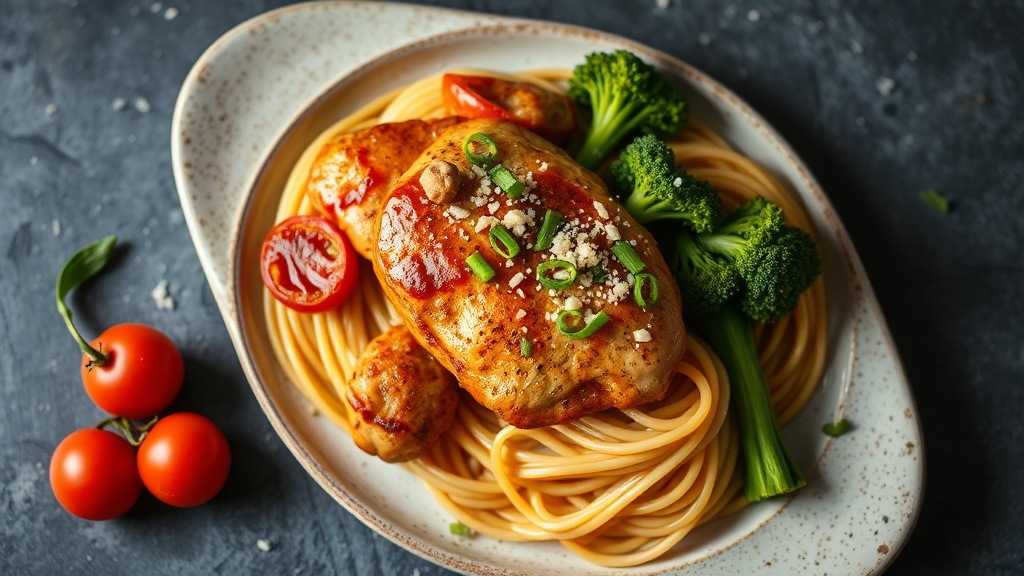 Paprika Chicken with Teriyaki Broccoli and Spaghetti (Creative Twist)