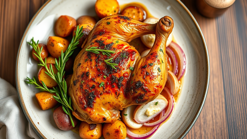 Paprika Roasted Chicken with Garlic Butter Red Potatoes and Red Onions