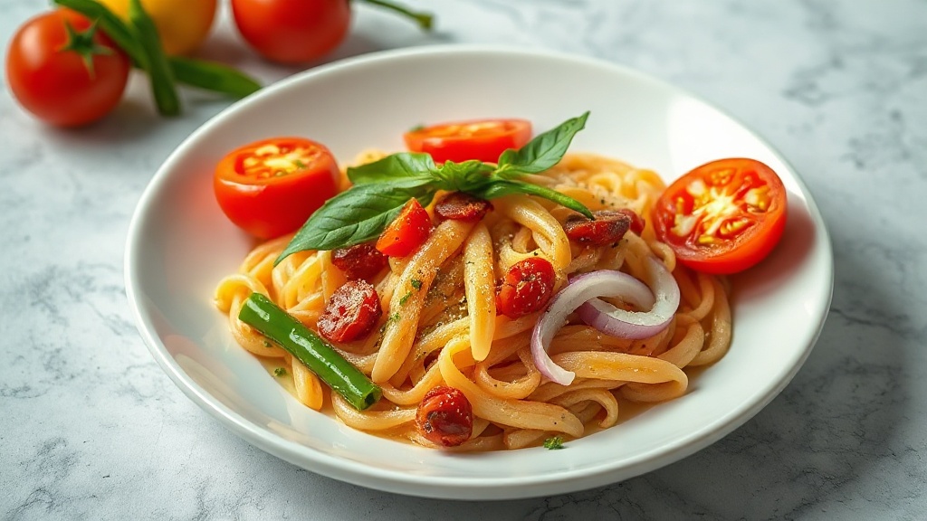 Pasta with Tomato, Green Pepper, and Onion