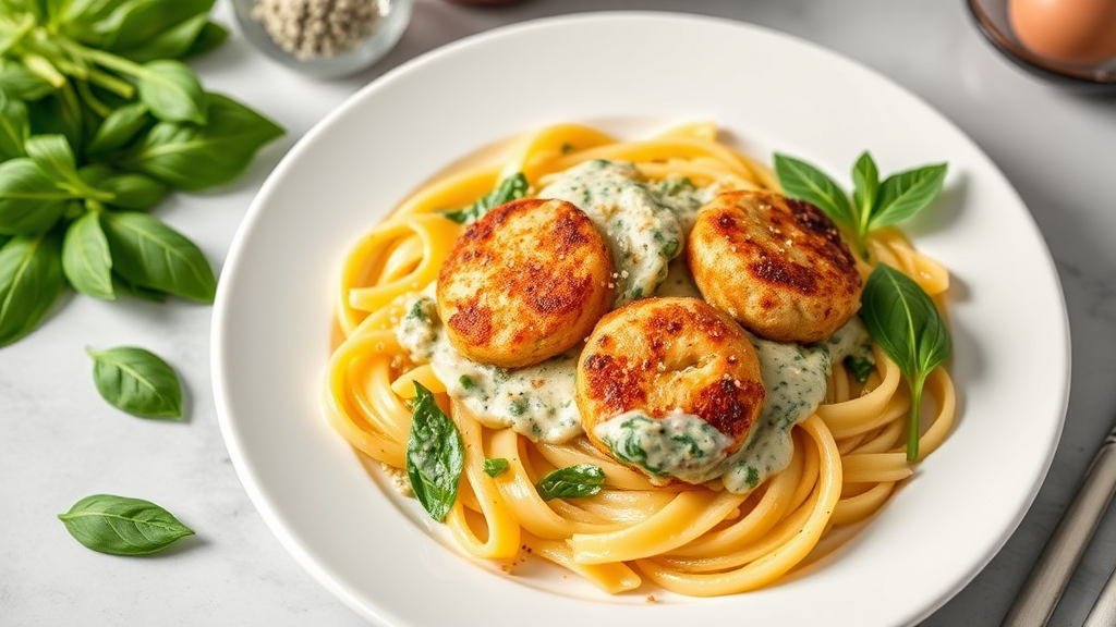 Penne Pasta with Chicken Patties and Creamy Spinach Sauce