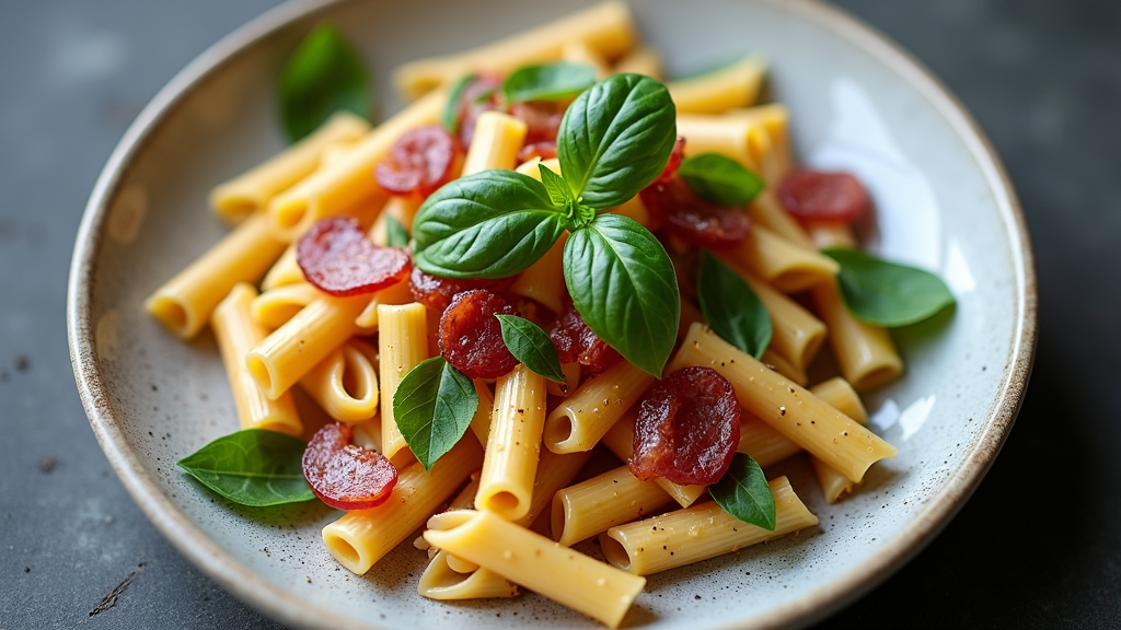 Penne with Radicchio, Bacon, and Basil