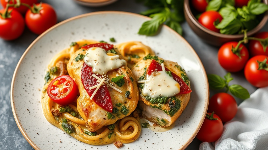Pesto Chicken Bake with Cherry Tomatoes and Cheese