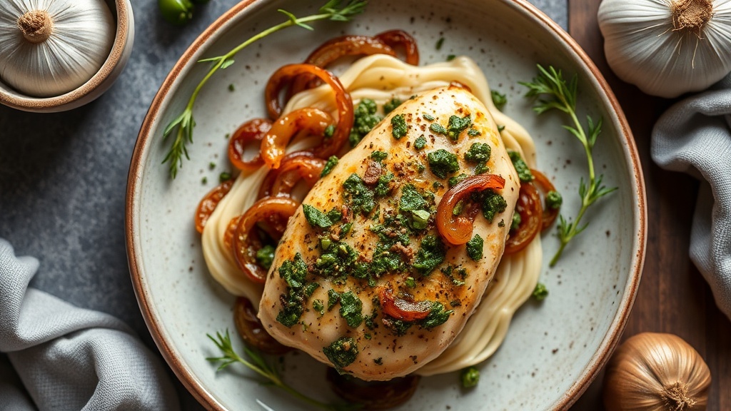 Pesto Chicken with Caramelized Onions and Garlic