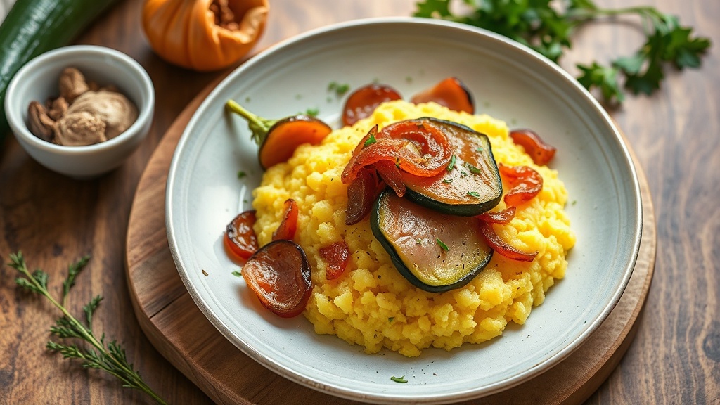 Polenta with Deli Ham, Zucchini, and Caramelized Onions