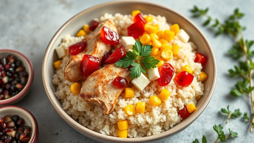 Pomegranate Chicken Rice Bowl with Corn and Cheese