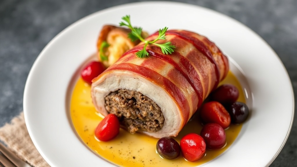 Pork Loin Stuffed with Rabbit Sausage and Apricot-Cranberry Filling Wrapped in Bacon