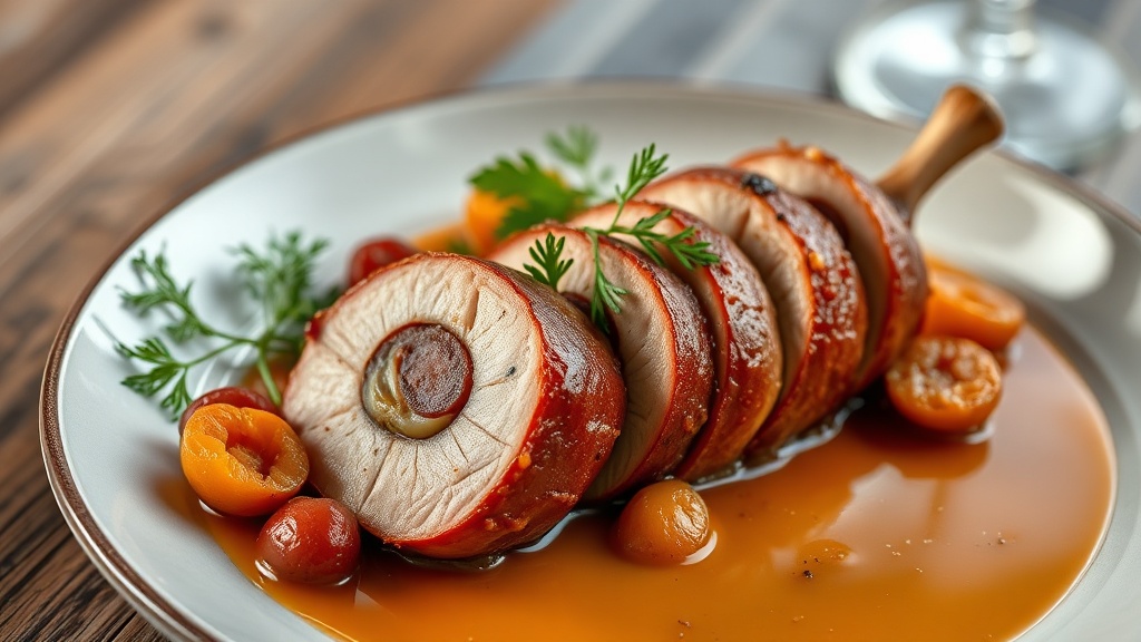Pork Loin Stuffed with Rabbit Sausage and Dried Apricots