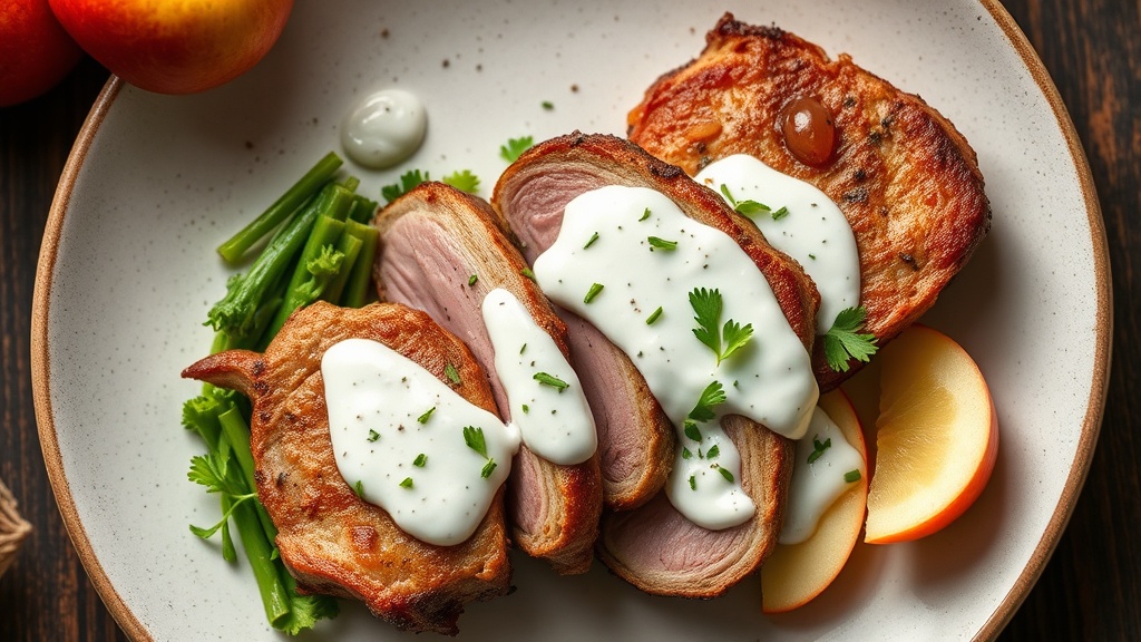 Pork Steaks with Apple-Mushroom Yogurt Sauce