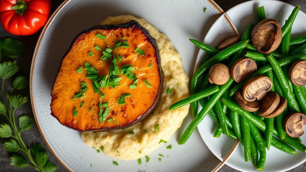 Pumpkin Steak with Mushroom Potato Mash and Green Beans